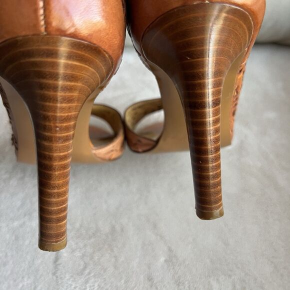 Via Spiga Tan Woven Leather Open Toe Heels Women 8.5 Cut Outs Flower Casual - Picture 12 of 16